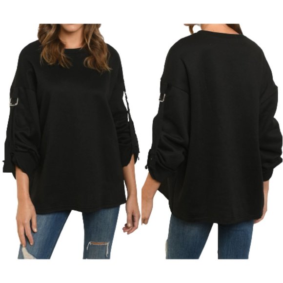 Mittoshop Black Slouchy Sweatshirt Sweater Buckle Sleeves Lounge Casual - Picture 1 of 14